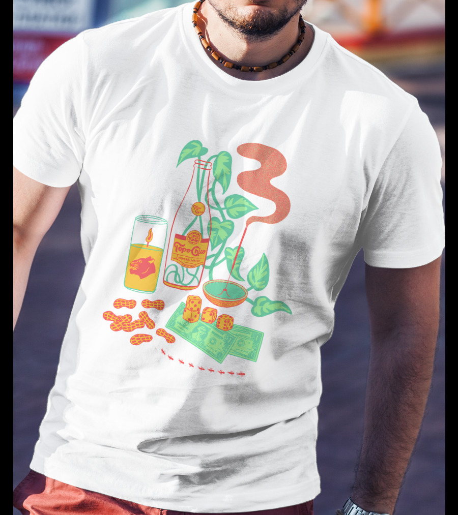 Quarenscene Natural Simone Thornton Topo Chico Peanuts Candle Dice Leaves Money Ants T-Shirt