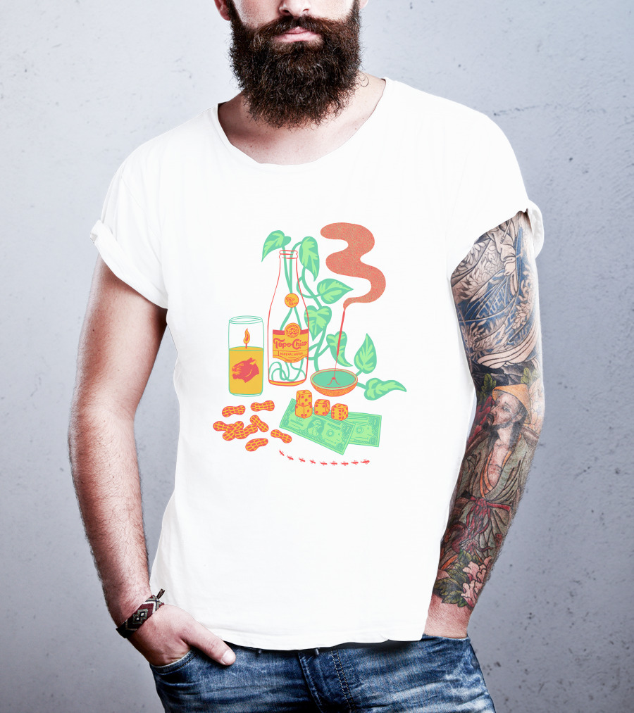 Quarenscene Natural Simone Thornton Topo Chico Peanuts Candle Dice Leaves Money Ants T-Shirt