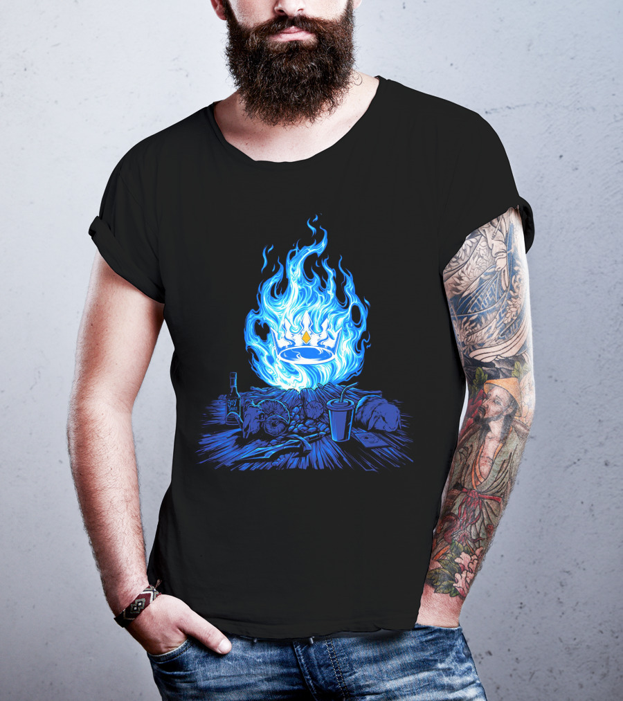 Otk Merch Blue Flame Crown With Tabletop Food And Drinks T-Shirt