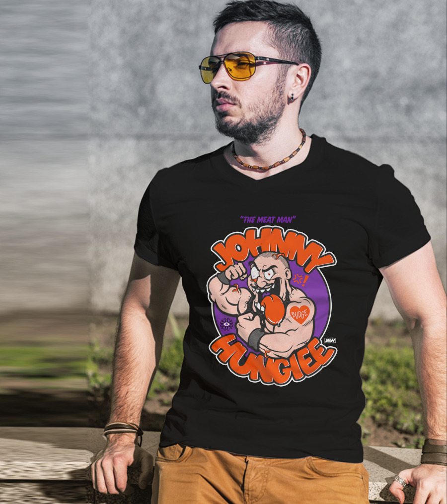 AEW Johnny Hungiee The Meat Man Budge T-Shirt