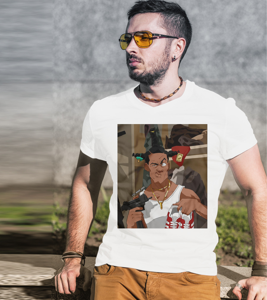 Loc Dog Mens Society Parody Character Holding Sneakers And Gun T-Shirt