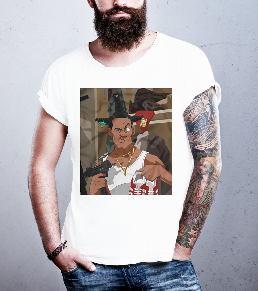 Loc Dog Mens Society Parody Character Holding Sneakers And Gun T-Shirt