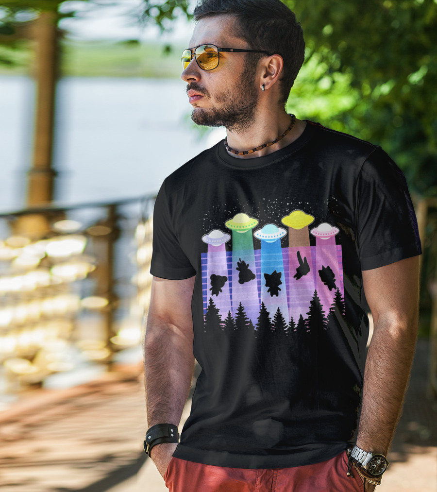 Krewdistrict Flying Saucers Alien Abduction Cartoon Silhouettes Forest Scene T-Shirt