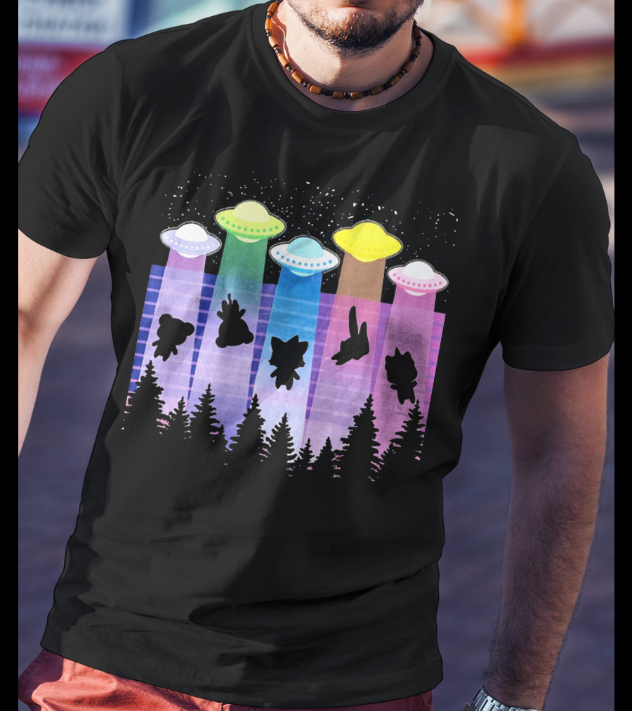 Krewdistrict Flying Saucers Alien Abduction Cartoon Silhouettes Forest Scene T-Shirt