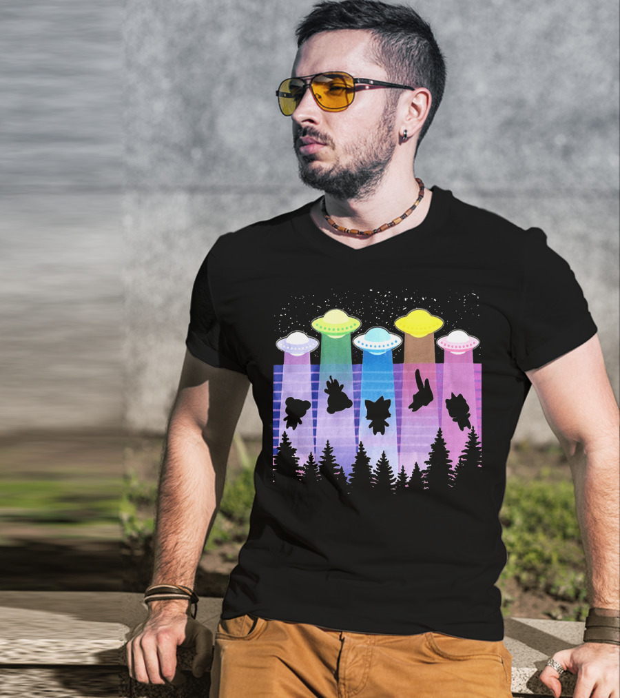 Krewdistrict Flying Saucers Alien Abduction Cartoon Silhouettes Forest Scene T-Shirt