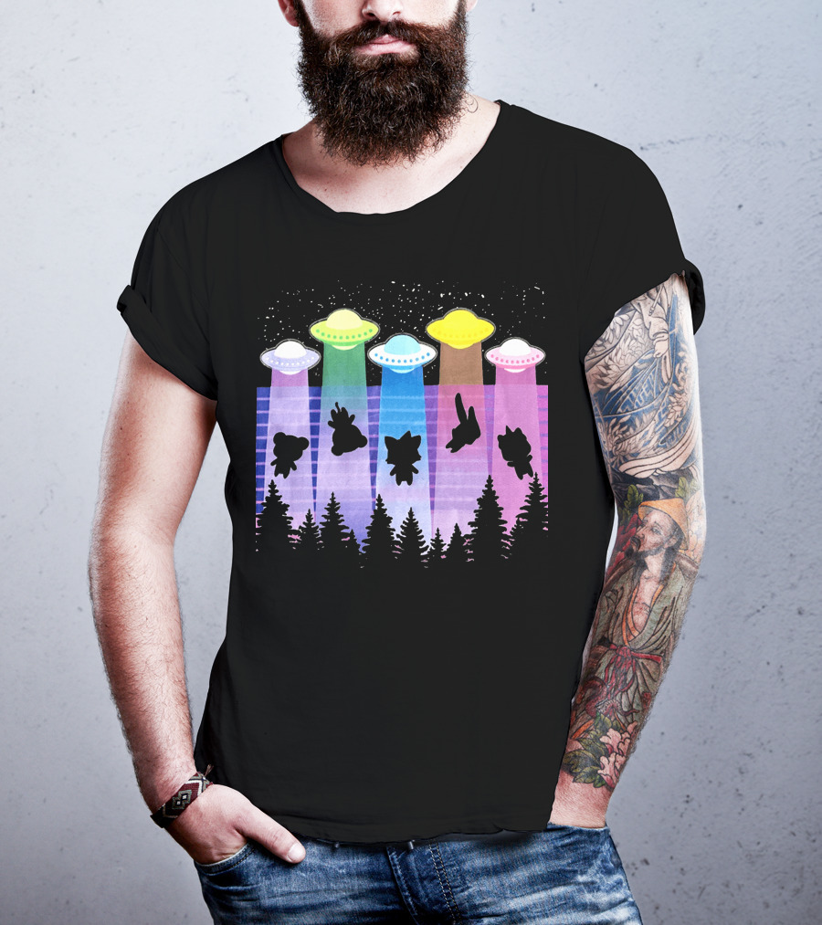 Krewdistrict Flying Saucers Alien Abduction Cartoon Silhouettes Forest Scene T-Shirt