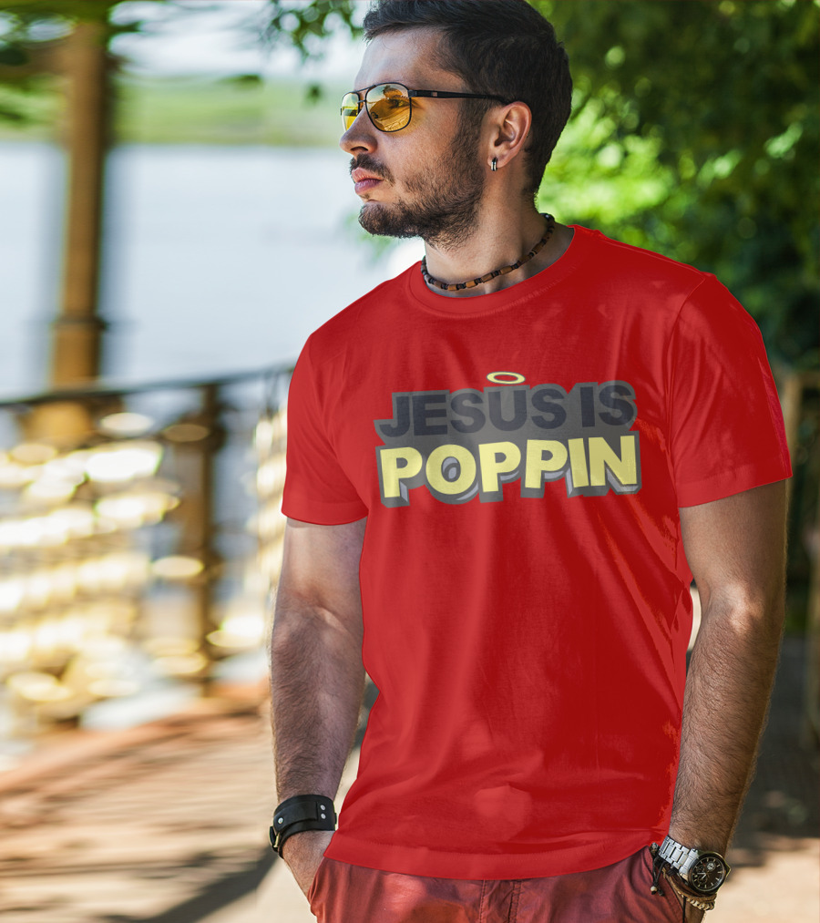 JESUS IS POPPIN Angel Halo Icon On Red T-Shirt