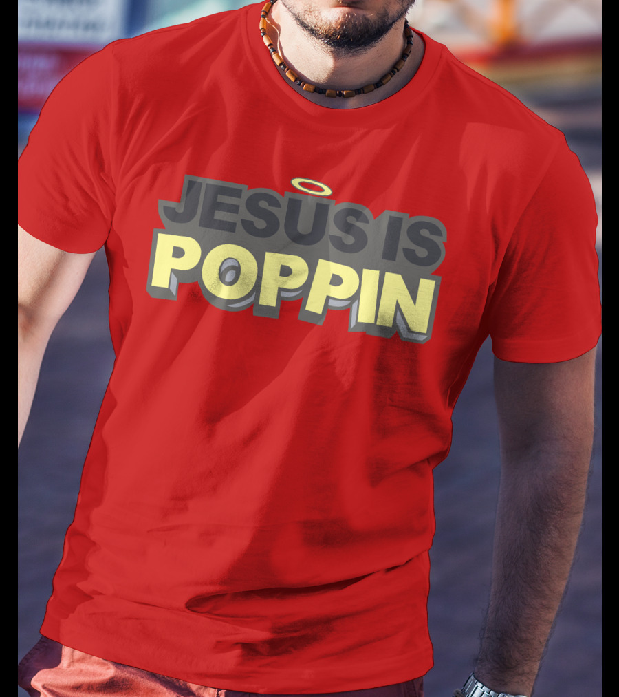 JESUS IS POPPIN Angel Halo Icon On Red T-Shirt