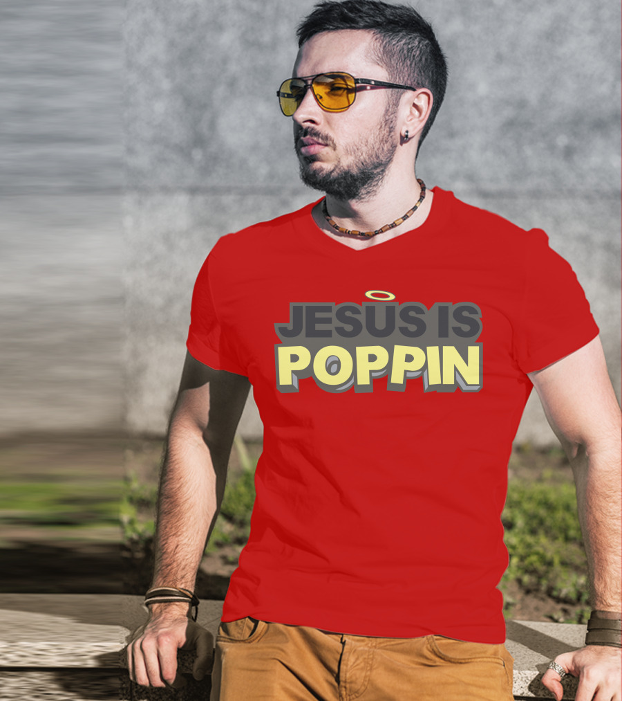 JESUS IS POPPIN Angel Halo Icon On Red T-Shirt