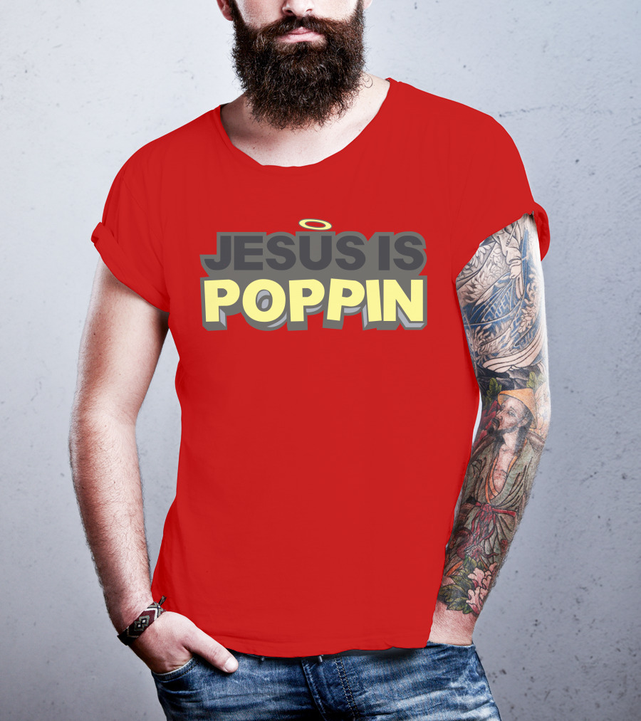 JESUS IS POPPIN Angel Halo Icon On Red T-Shirt