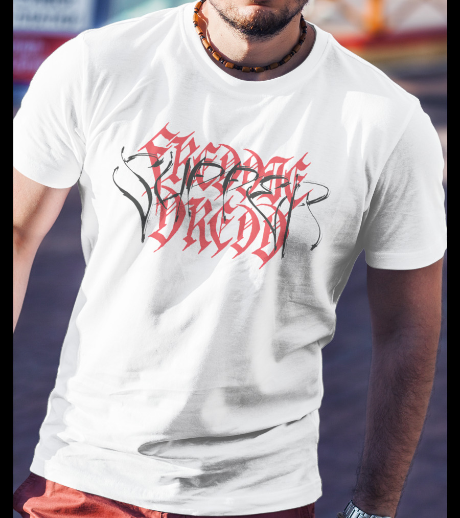 Freddie Dredd Merch Gothic Script Red Black Typography T-Shirt