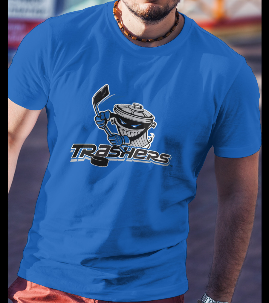 Danbury Trashers Blue Logo Hockey Trash Can Mascot T-Shirt