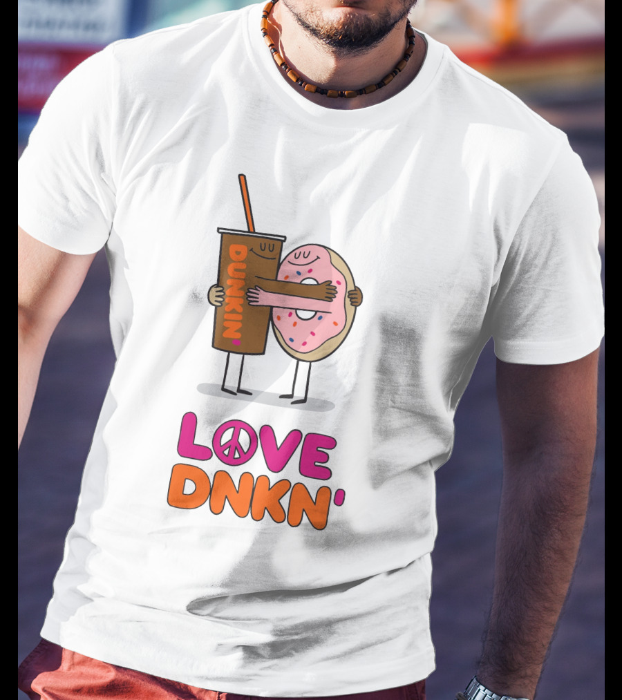 Love Peace Dunkin' Hugging Cartoon Donut And Coffee T-Shirt