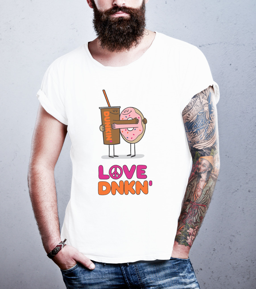 Love Peace Dunkin' Hugging Cartoon Donut And Coffee T-Shirt