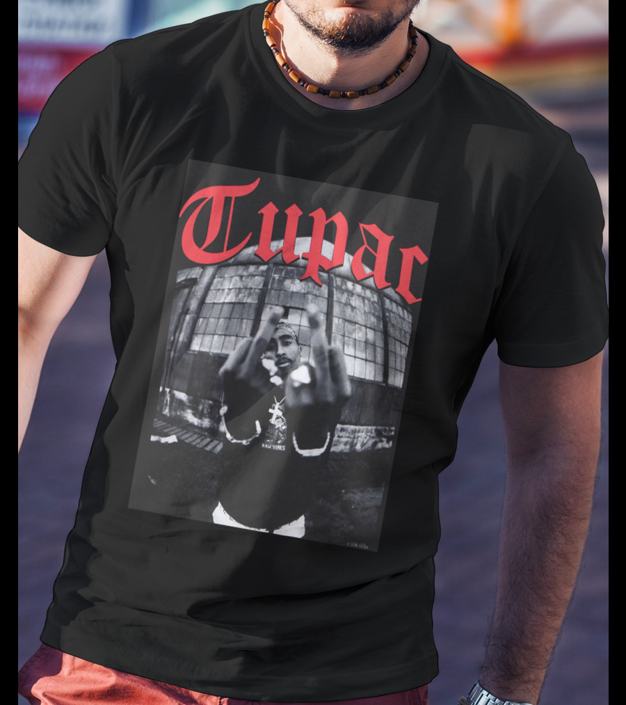 Tupac Front View Gesture Red Gothic Text T-Shirt