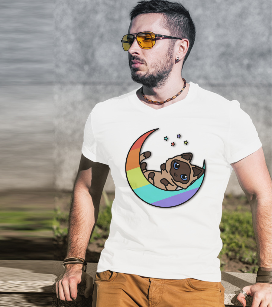 Antfrost Cat On Rainbow Crescent With Stars T-Shirt