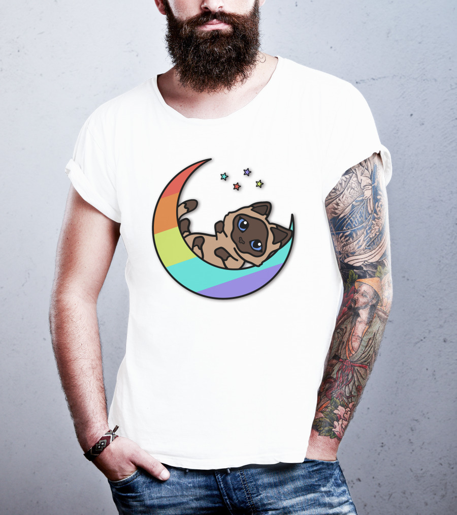 Antfrost Cat On Rainbow Crescent With Stars T-Shirt