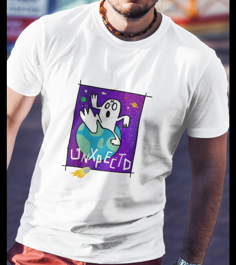 Unxpectd Ghost Mascot Floating In Outer Space With Planets And Asteroids T-Shirt