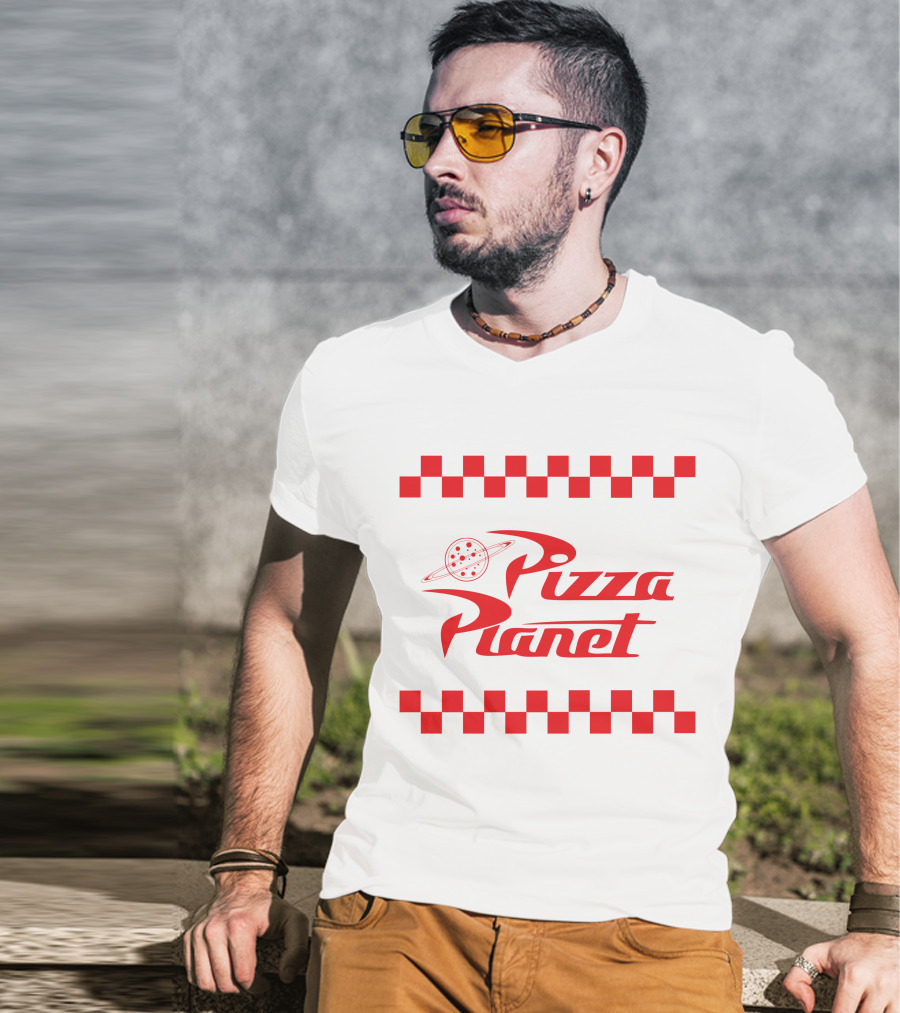 Toy Story Pizza Planet Logo With Red Checkered Border T-Shirt