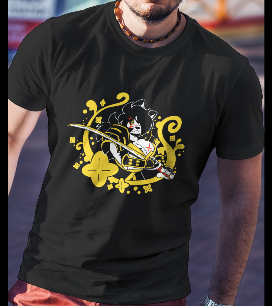 Hachimitsu Samurai Character With Sword And Yellow Floral Motif T-Shirt