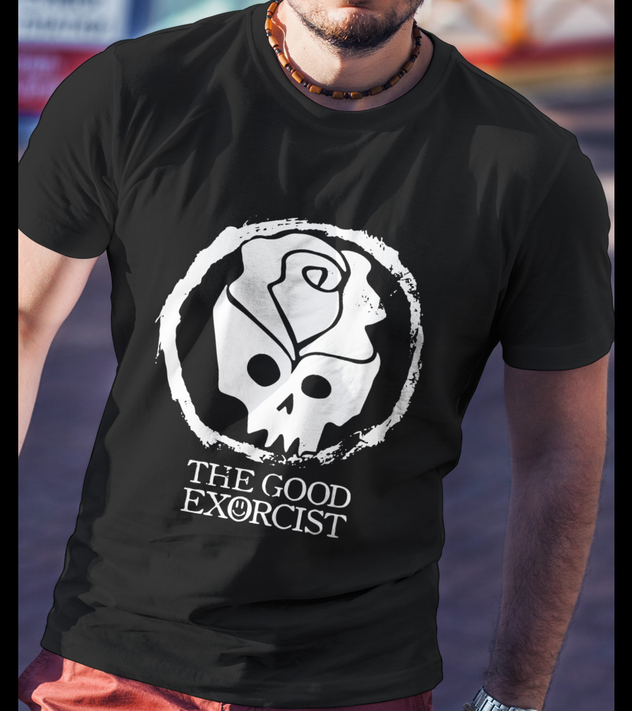 RoseSkull The Good Exorcist Skull With Rose And Smile Emblem T-Shirt