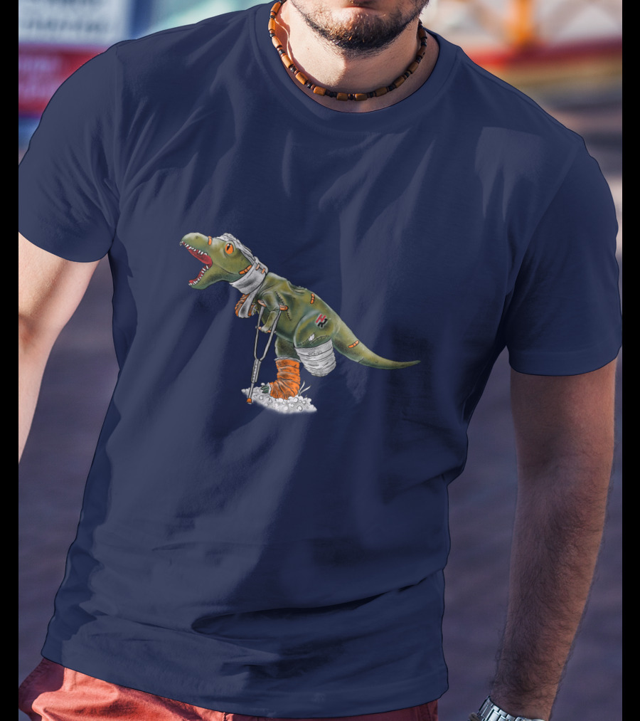 Rexy Injured Hero Dinosaur With Bandages And Crutches T-Shirt