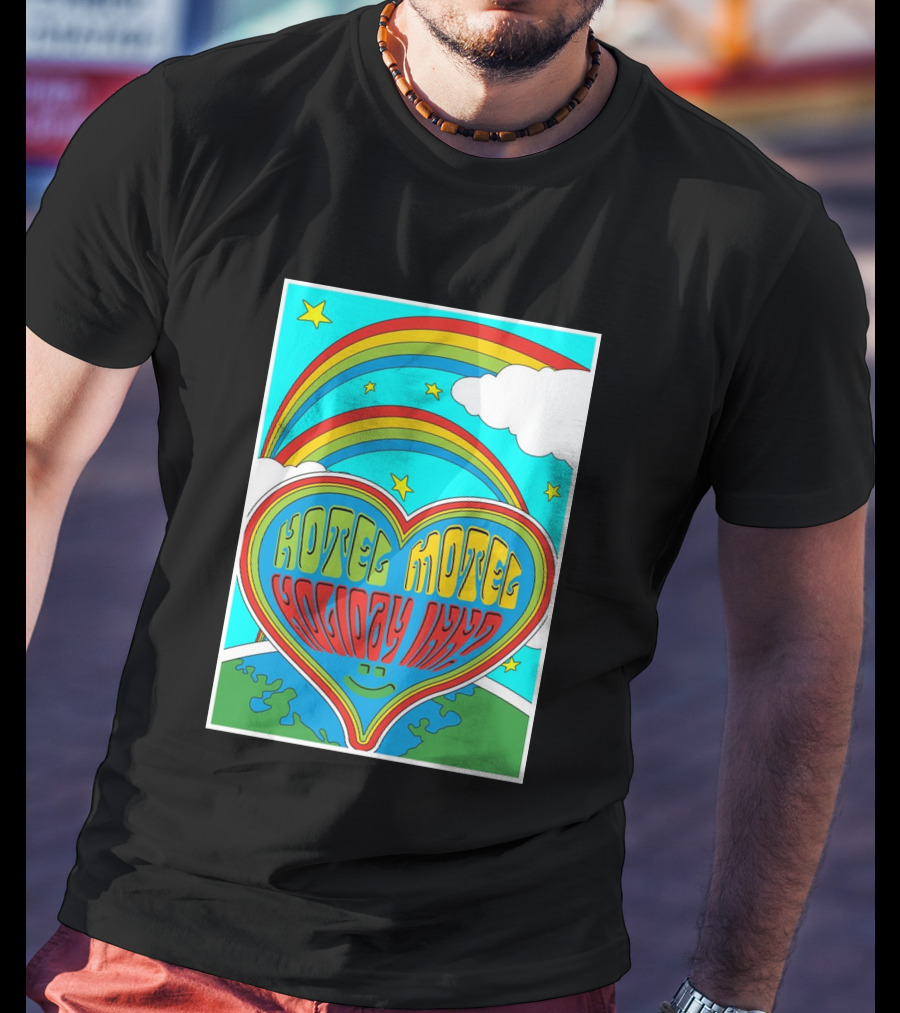 Sarahbaska Hotel Motel Holiday 1973 Rainbow Earth Heart T-Shirt
