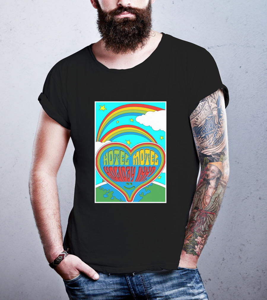 Sarahbaska Hotel Motel Holiday 1973 Rainbow Earth Heart T-Shirt