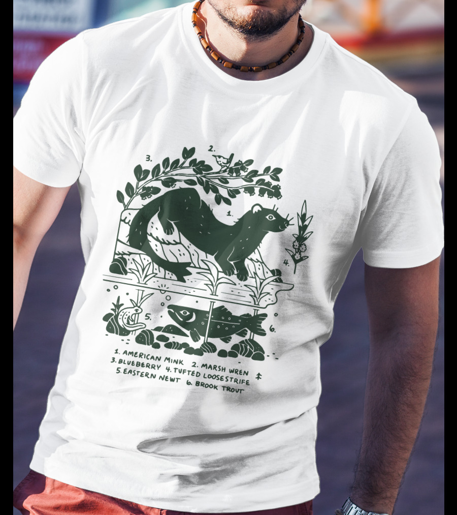 Camp Mustelid Merch Taxonomy American Mink Marsh Wren Blueberry Tufted Loosestrife Eastern Newt Brook Trout T-Shirt