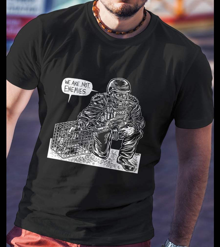 We Are Not Enemies Eli Valley Police Figure Kneeling With Cage T-Shirt