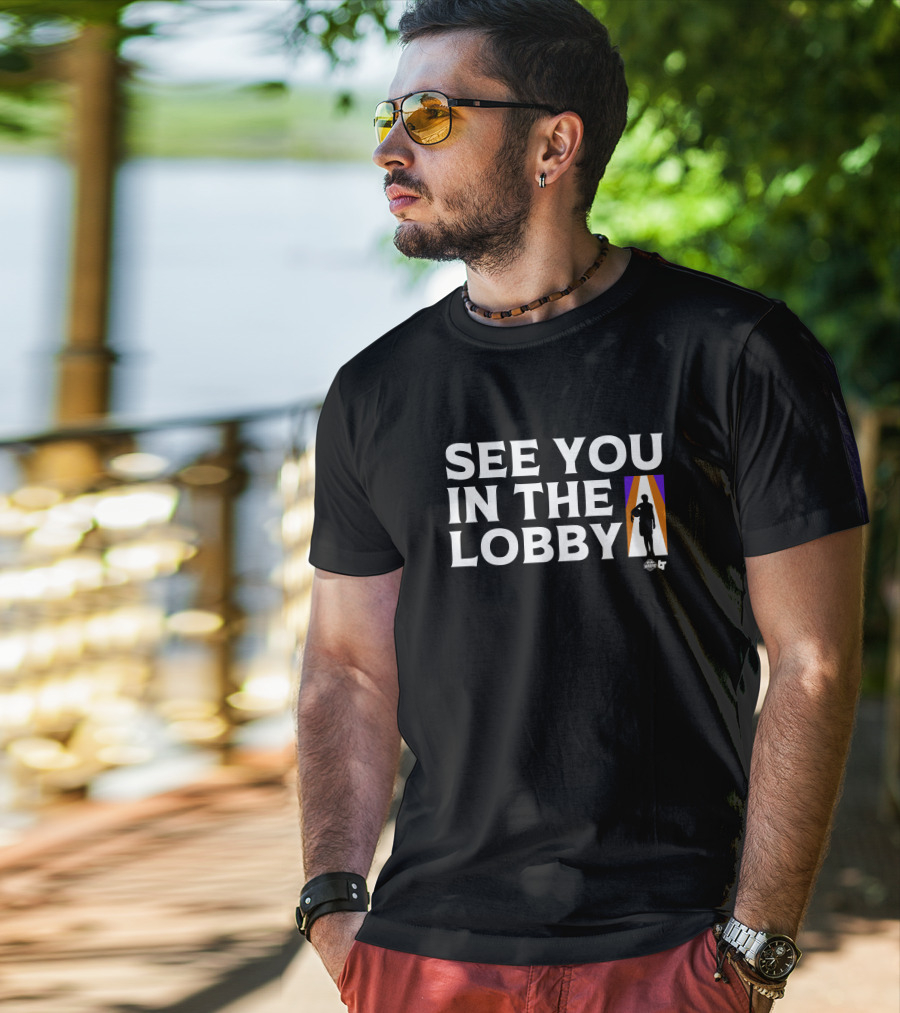 See You In The Lobby Basketball Silhouette Purple Orange Stripe T-Shirt