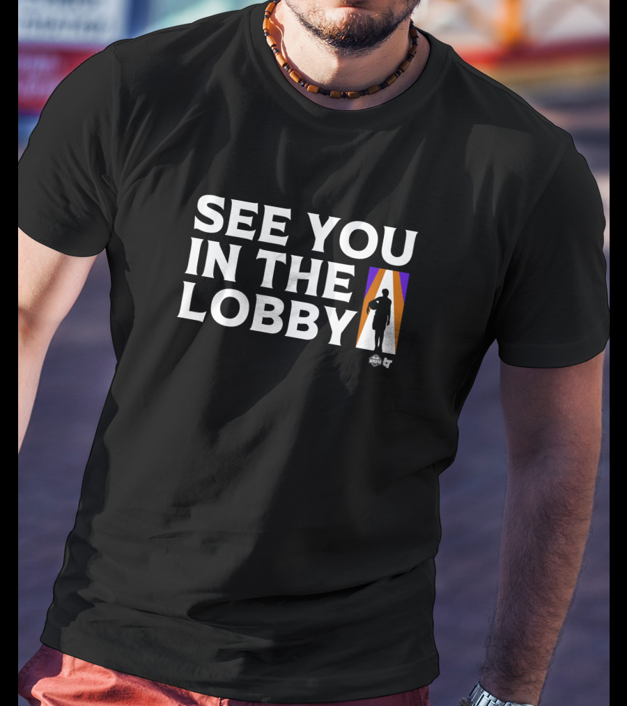 See You In The Lobby Basketball Silhouette Purple Orange Stripe T-Shirt