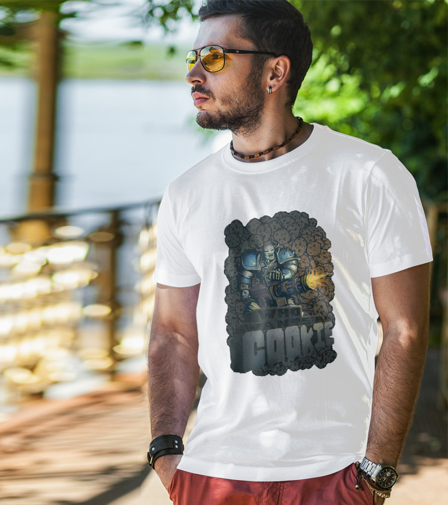 Oxhorn Who Wants A Cookie With Armored Figure And Gun Surrounded By Cookies T-Shirt