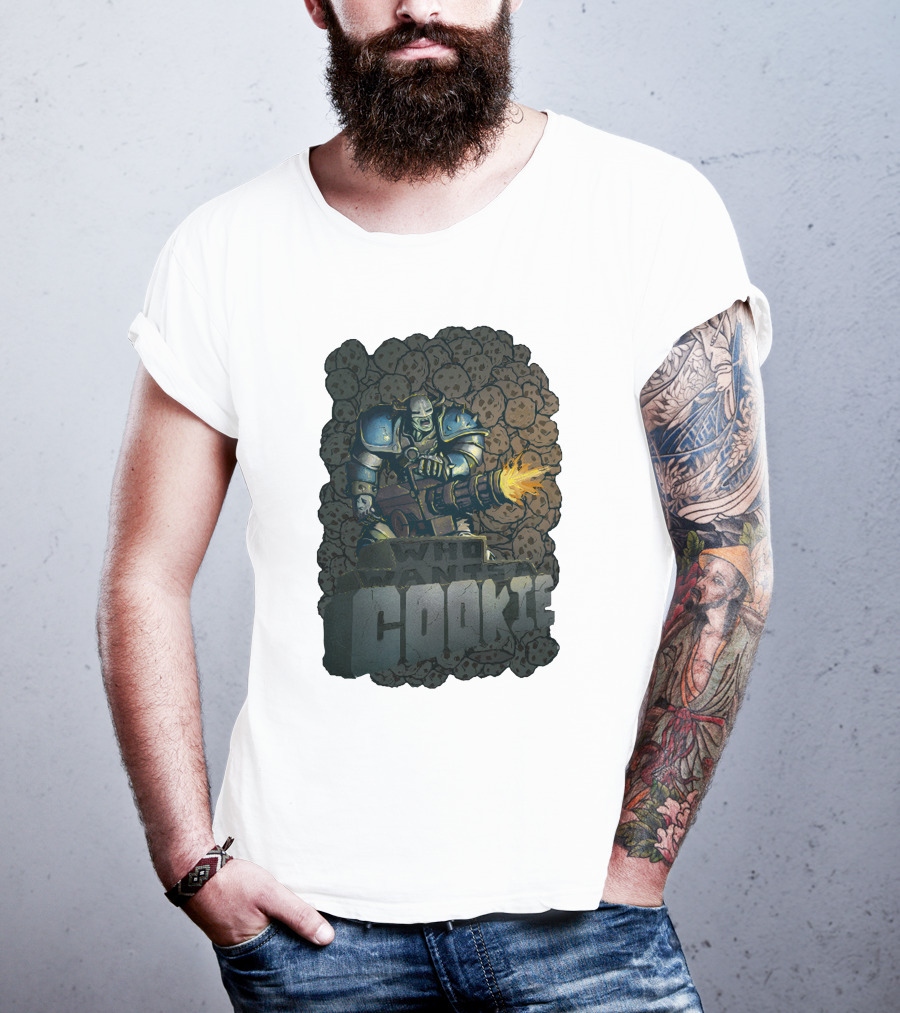 Oxhorn Who Wants A Cookie With Armored Figure And Gun Surrounded By Cookies T-Shirt