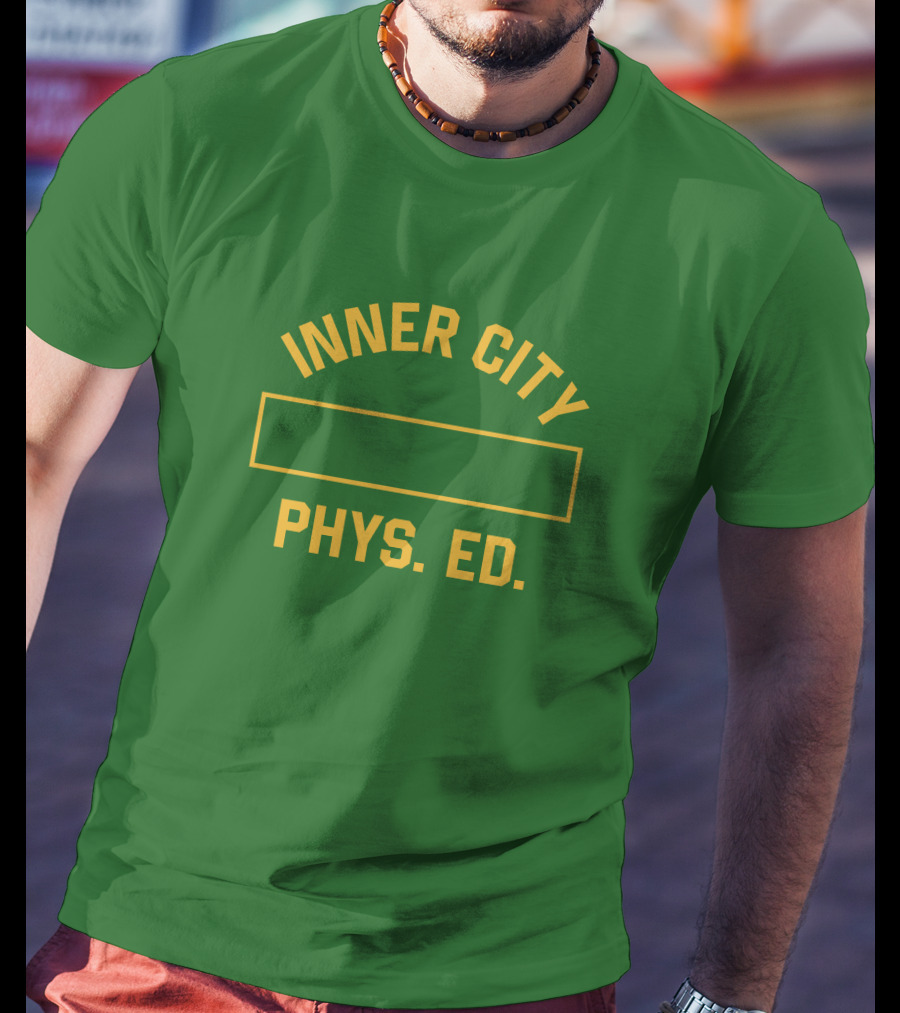 Inner City Phys Ed Green Yellow Block Letters T-Shirt