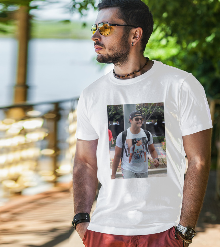 Liam Mccullough Arrives At Ohio State Camp Wearing Photo Print Shirt With Repeating Image T-Shirt