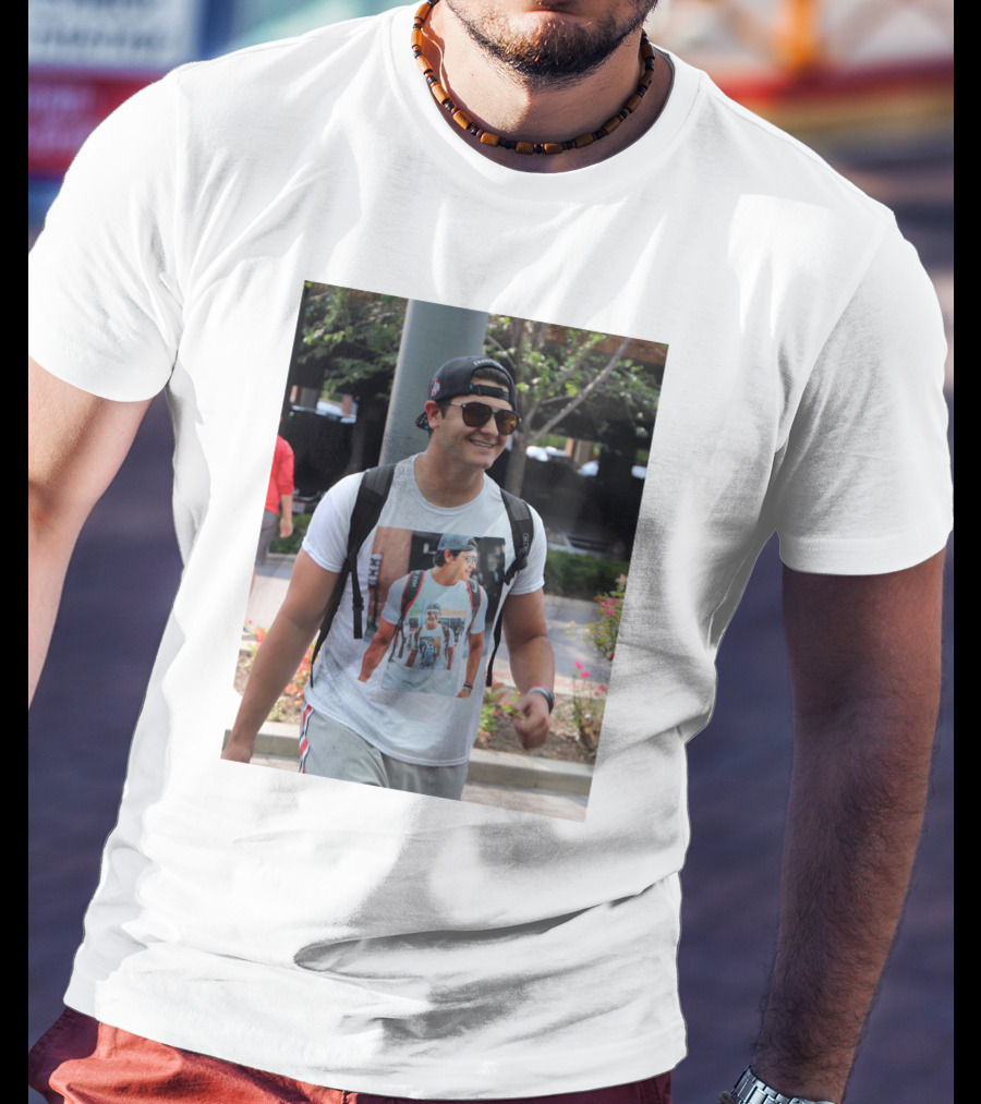 Liam Mccullough Arrives At Ohio State Camp Wearing Photo Print Shirt With Repeating Image T-Shirt