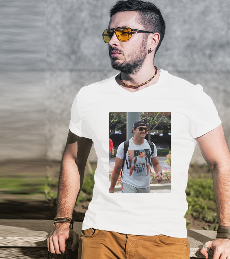 Liam Mccullough Arrives At Ohio State Camp Wearing Photo Print Shirt With Repeating Image T-Shirt