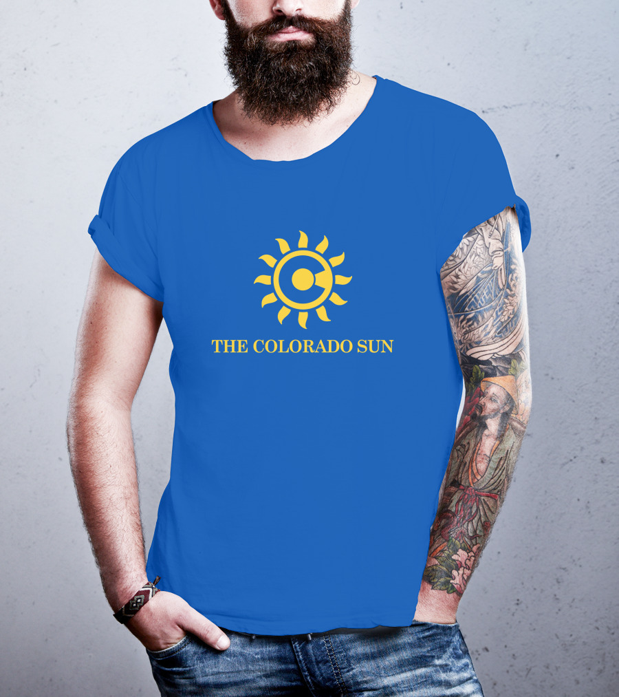 The Colorado Sun Merch Colorado Sun Logo Yellow Sunburst Blue Background T-Shirt