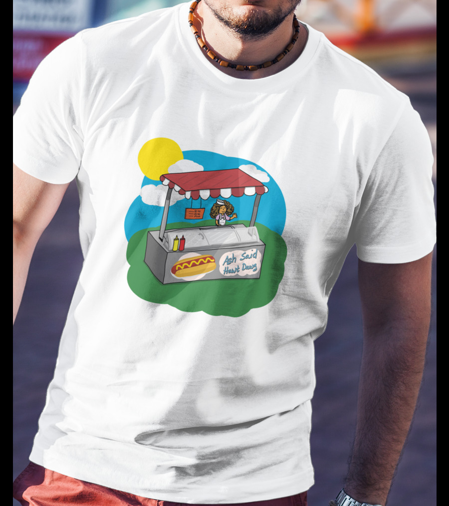 Ash Said Hawt Dawg Stand With Hot Dog And Condiments Under Red Canopy In Cartoon T-Shirt