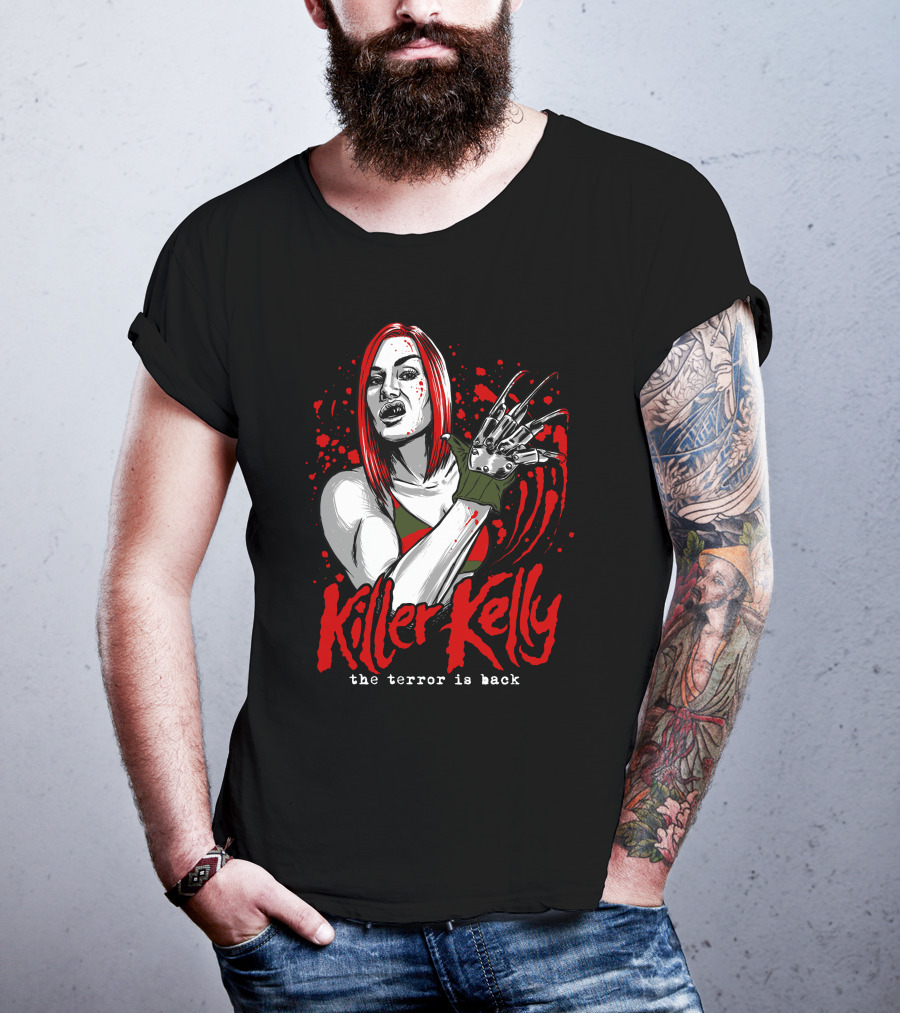 Killer Kelly The Terror Is Back Freddy Krueger Inspired Character Blood Splatter T-Shirt
