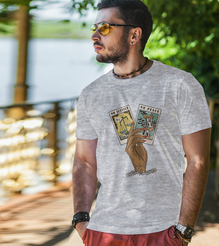 No Justice No Peace BLM Tarot Card With Scales And Tower Imagery In Hand With Broken Chains T-Shirt