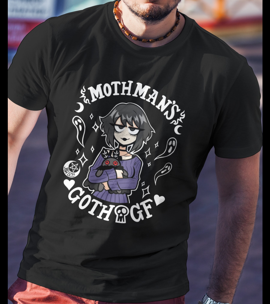 Mothman’s Goth GF Lilith Holding Black Cat Surrounded By Ghosts And Stars T-Shirt