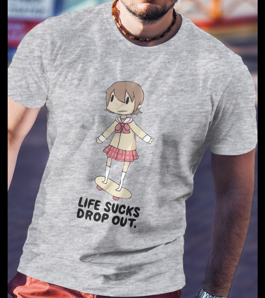 Life Sucks Drop Out Anime Style Character On Skateboard T-Shirt