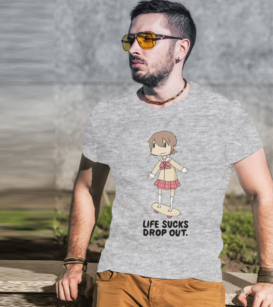 Life Sucks Drop Out Anime Style Character On Skateboard T-Shirt