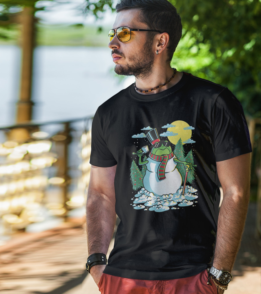BoomerNA Merch BoomerNA Snowfrog Frog Snowman Christmas Tree Top Hat Cane T-Shirt