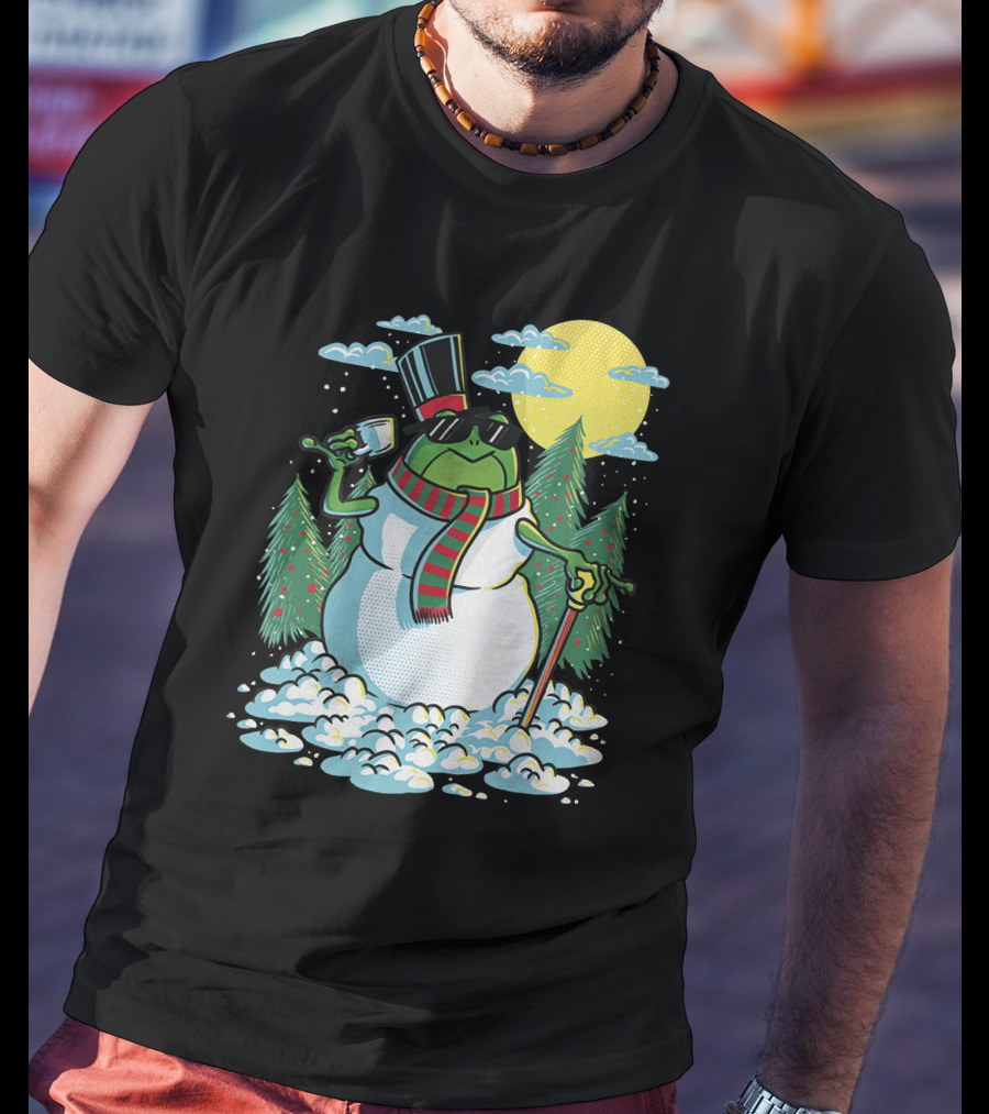 BoomerNA Merch BoomerNA Snowfrog Frog Snowman Christmas Tree Top Hat Cane T-Shirt