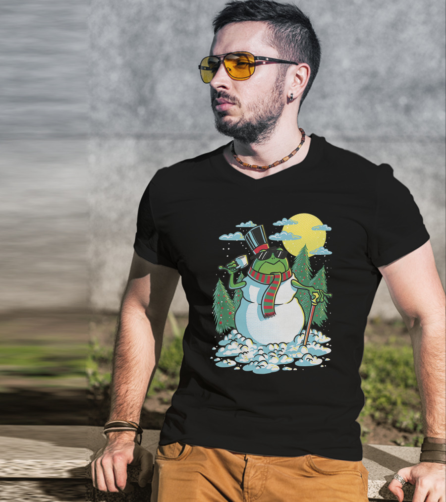 BoomerNA Merch BoomerNA Snowfrog Frog Snowman Christmas Tree Top Hat Cane T-Shirt