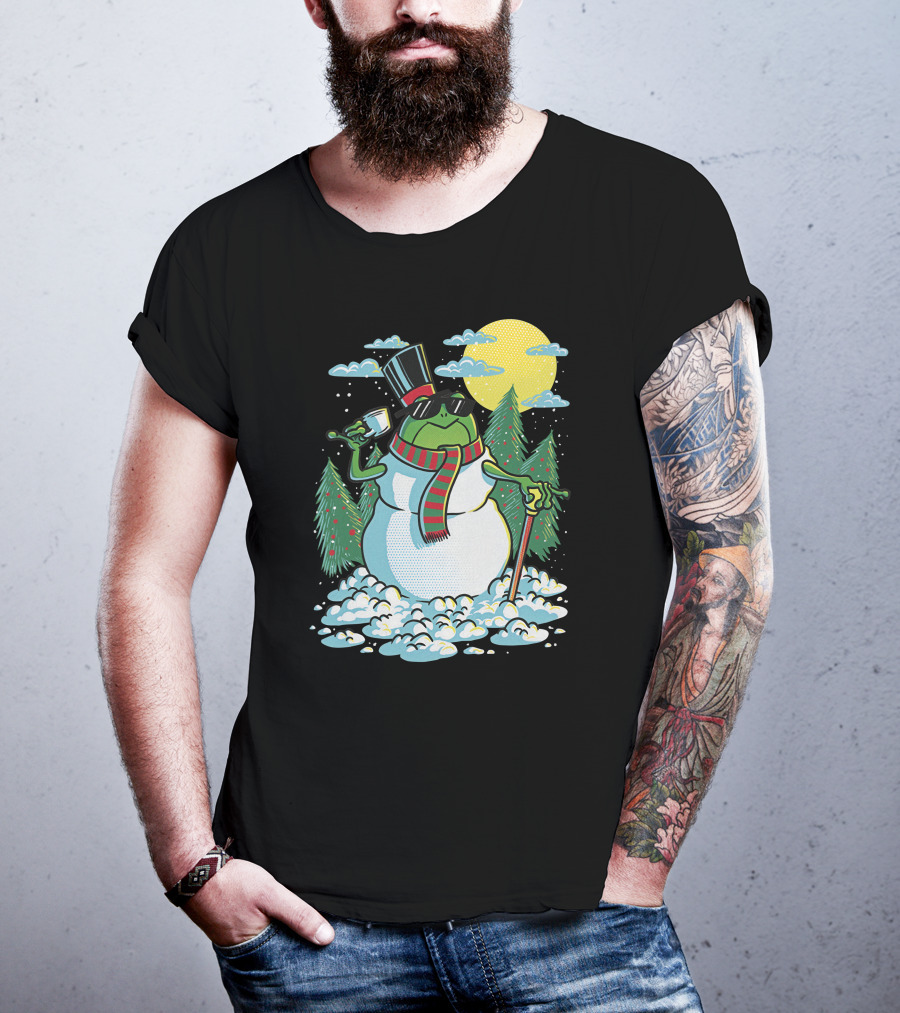 BoomerNA Merch BoomerNA Snowfrog Frog Snowman Christmas Tree Top Hat Cane T-Shirt