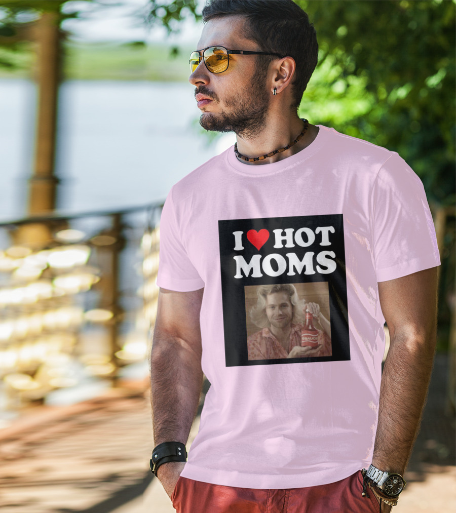 I Love Hot Moms Sauce Bottle Person Image Pink Background T-Shirt